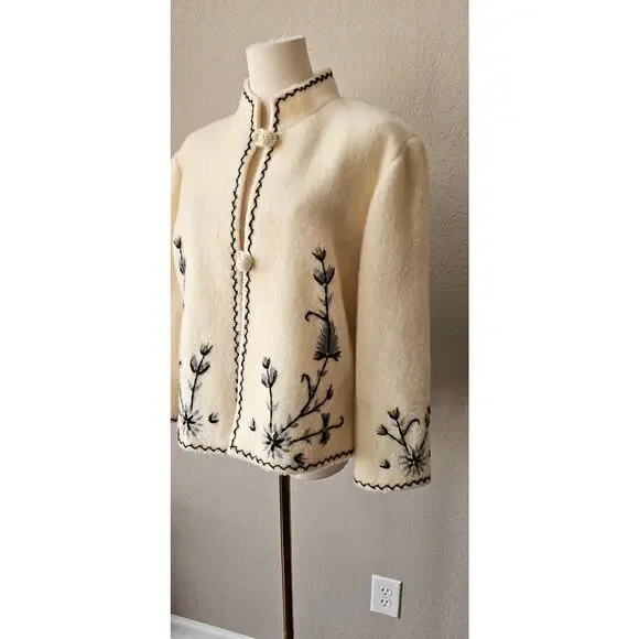 Handmade‎ Greek Vintage Wool Floral Embroidered Exquisite Cardigan Sweater Small - Picture 7 of 12